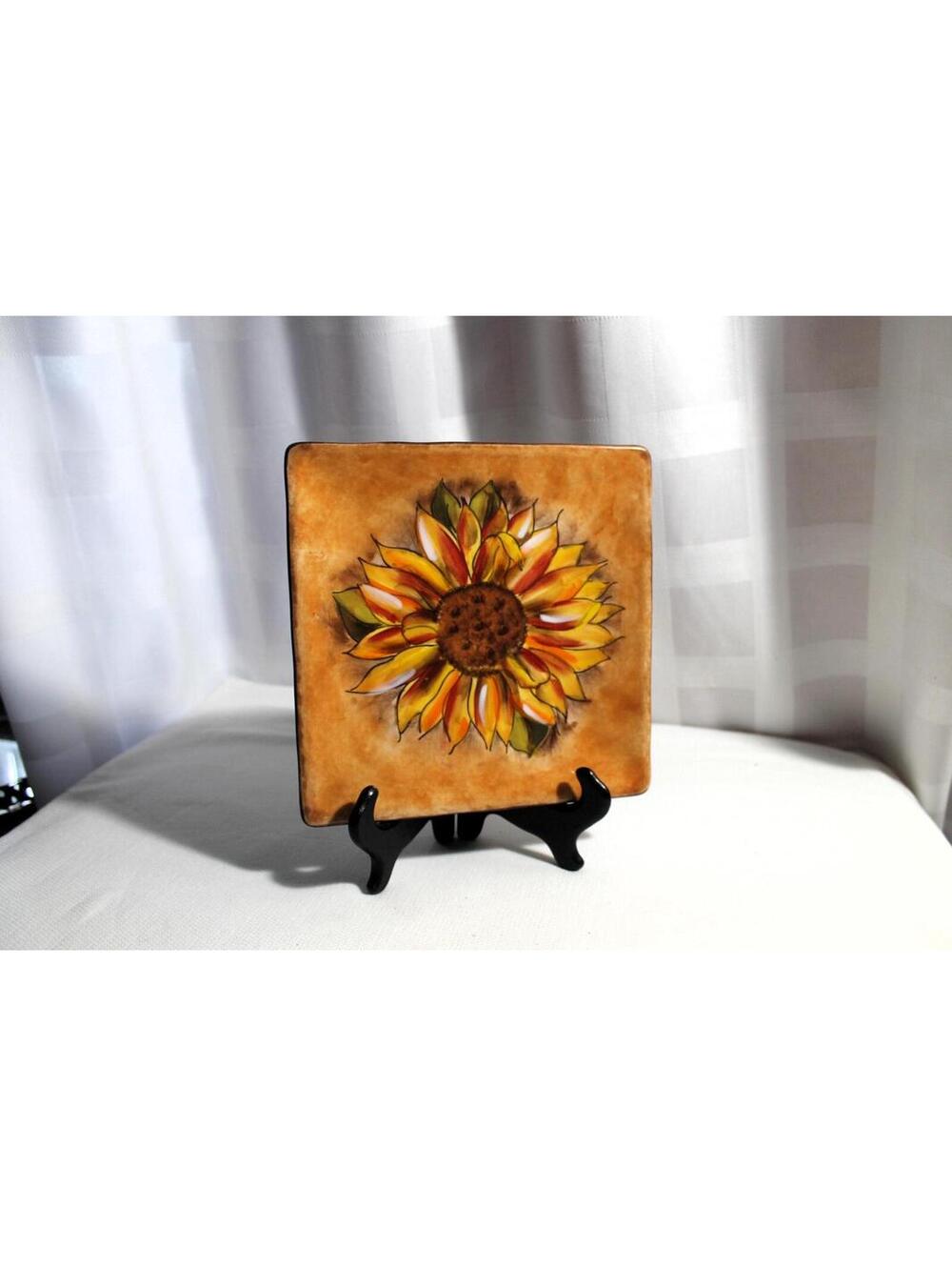 Vintage Clay Art Tuscan Sunflower Hand Painted Square Plate 8"